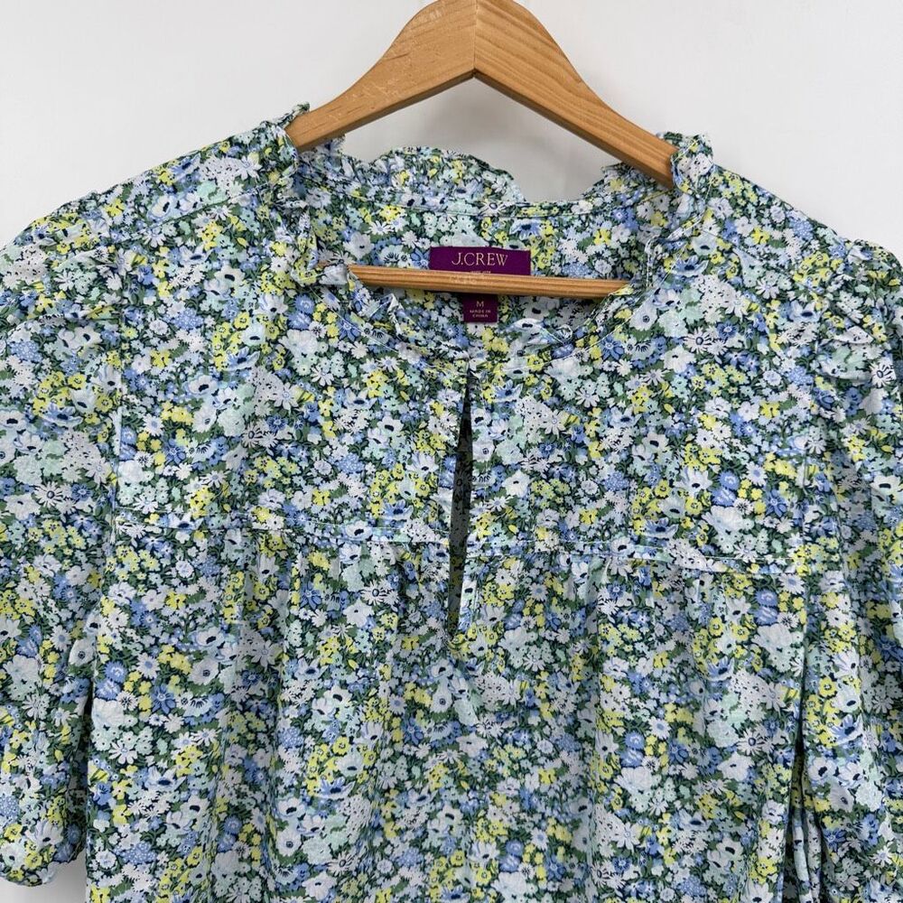 J Crew Liberty Fabric Floral Blouse Women’s Medium Blue Green Puff Sleeve Ruffle - Picture 6 of 9
